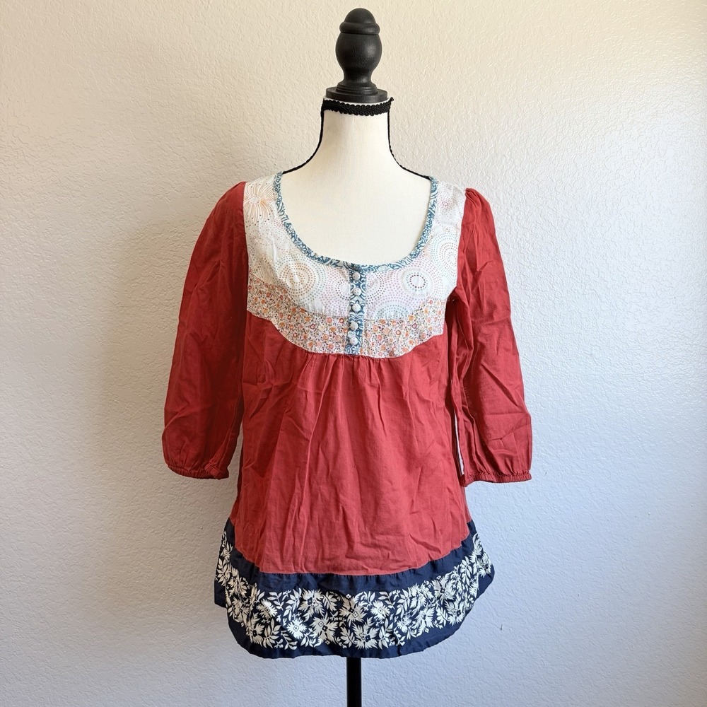 Anthropologie Lilka Boho Hippie Puff Sleeve Shirt Floral Red Shirt Womens Size S
